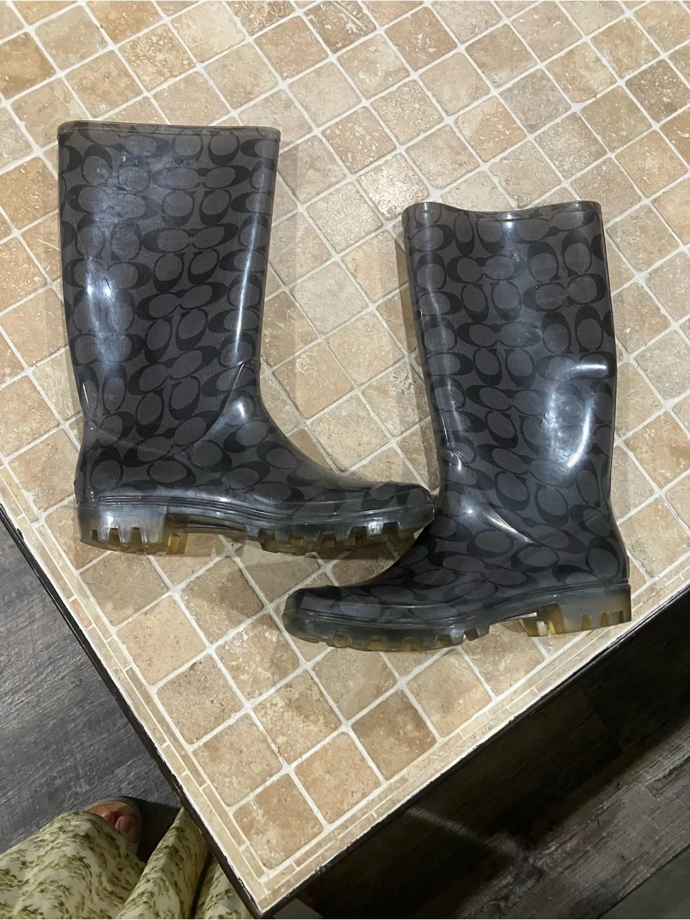 Coach Logo Black Gray Tall Rain Boots
